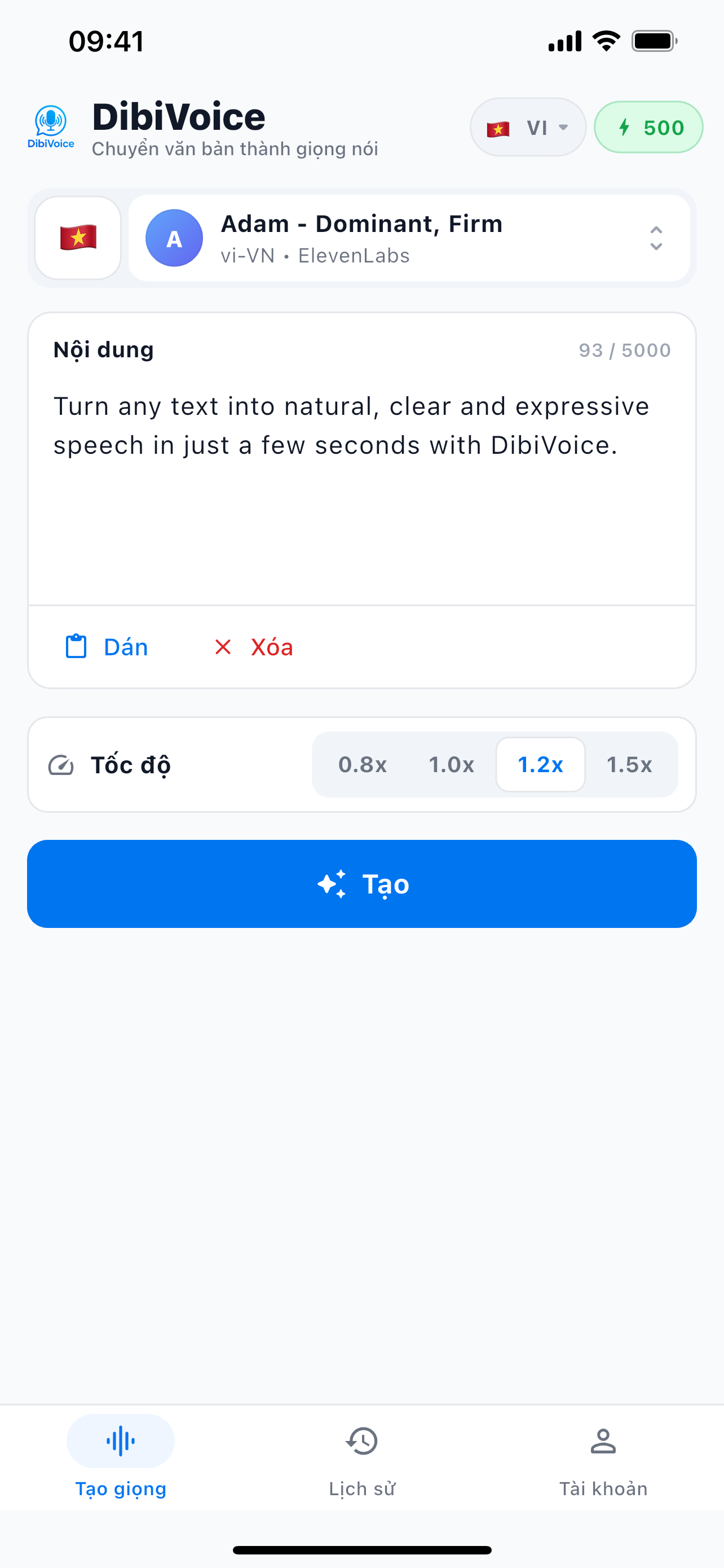 Màn hình tạo giọng nói của ứng dụng DibiVoice